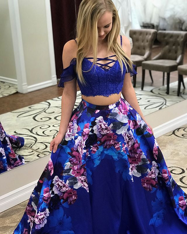 Royal Blue Two Piece Floral Prints Prom ...